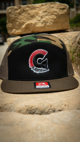 Multicam 7 Panel Trucker Snap Back with Colored Logo