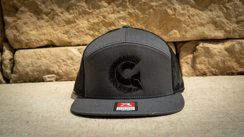 Grey 7 Panel Trucker Snap Back with Black Logo