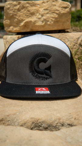 Grey and White 7 Panel Trucker Snap Back with Black Logo
