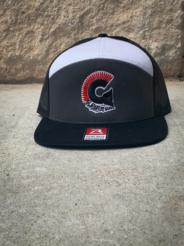 Grey and White 7 Panel Trucker Snap Back with Colored Logo